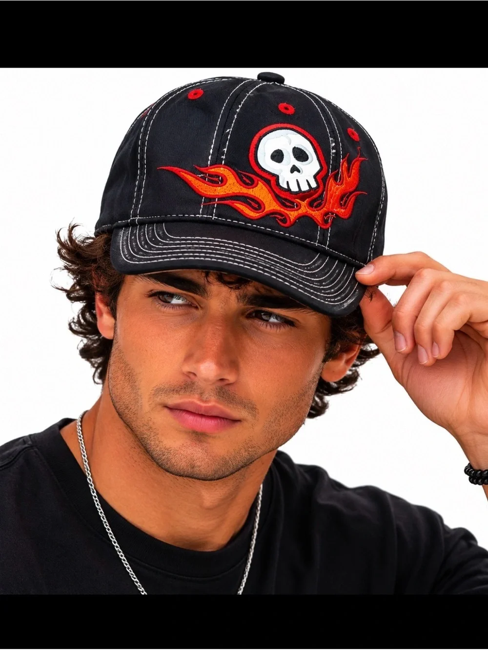 Streetwear skull flames hat cap black embroidered skull Halloween biker …